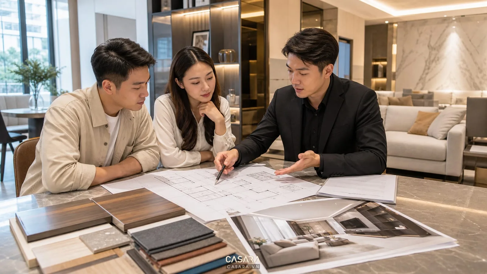 Tư vấn quy định thi công chung cư tại Casara với mặt bằng căn hộ mẫu vật liệu gỗ và phối cảnh phòng khách
