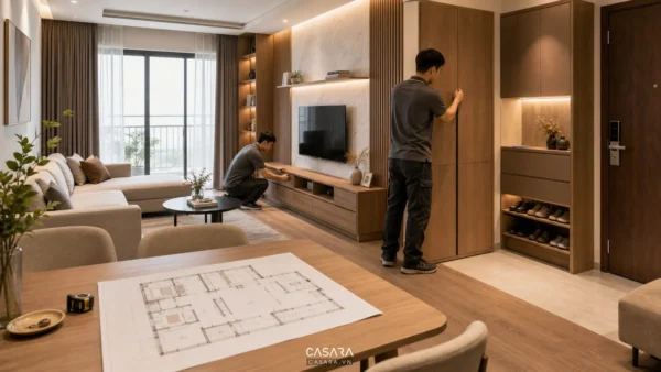 Quy trình thi công nội thất chung cư trong phòng khách căn hộ đang hoàn thiện