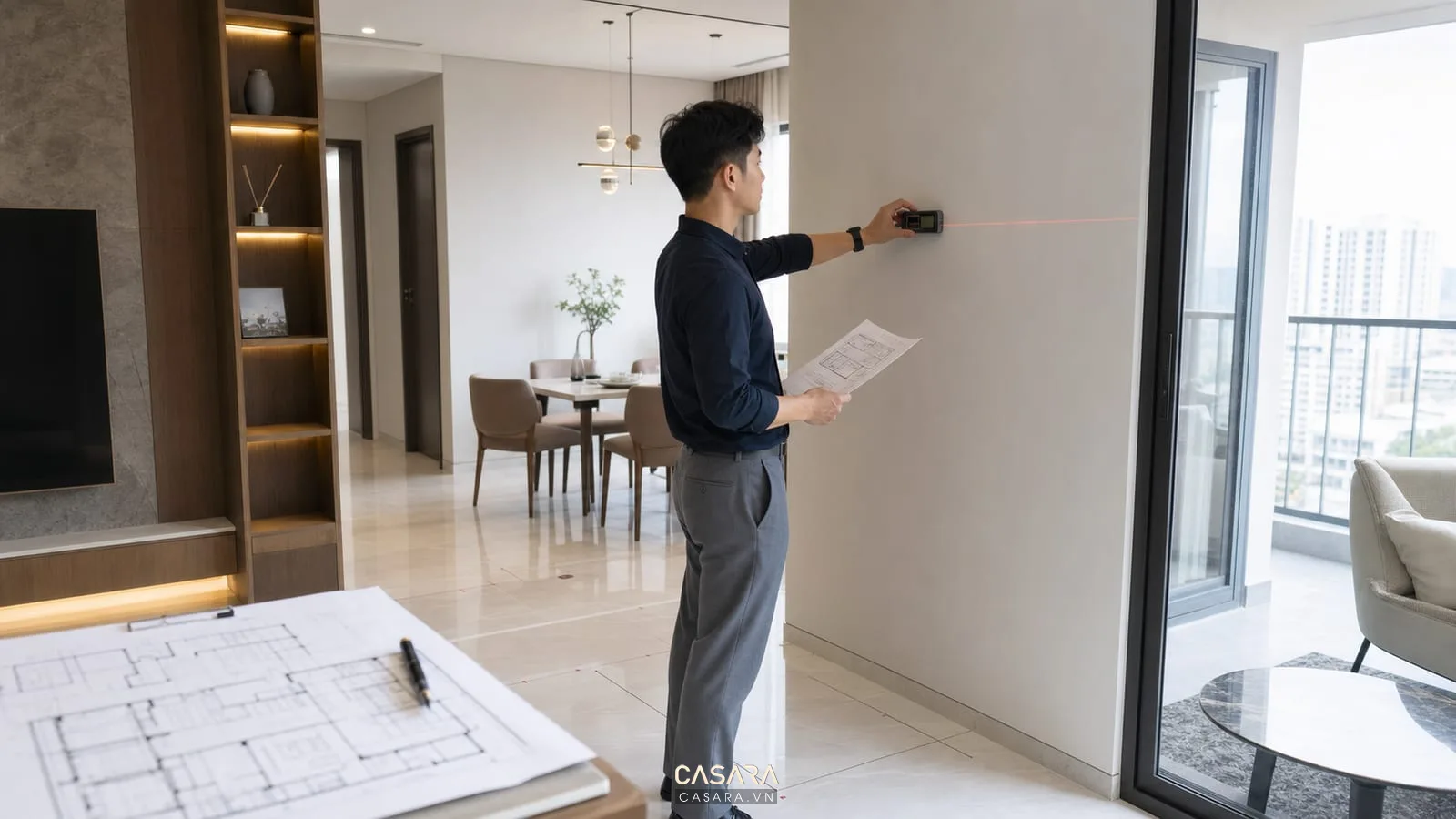 Kiến trúc sư khảo sát hiện trạng trong quy trình thiết kế nội thất chung cư