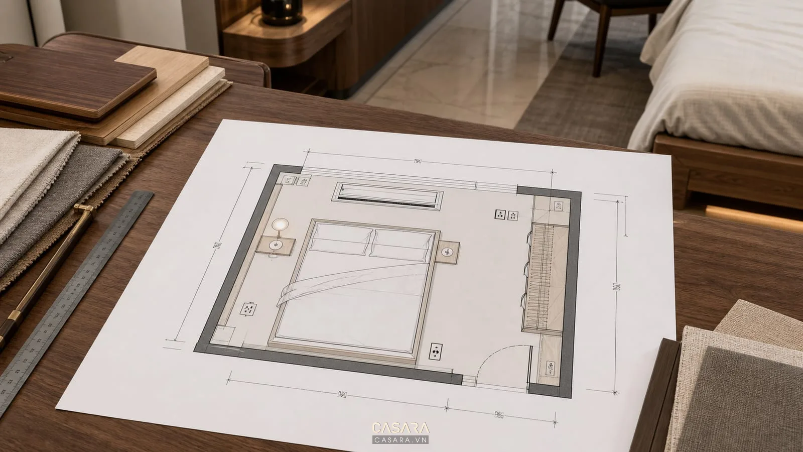 Bản vẽ thiết kế chung cư có ổ cắm đầu giường, tủ áo, điều hòa và kích thước phòng ngủ