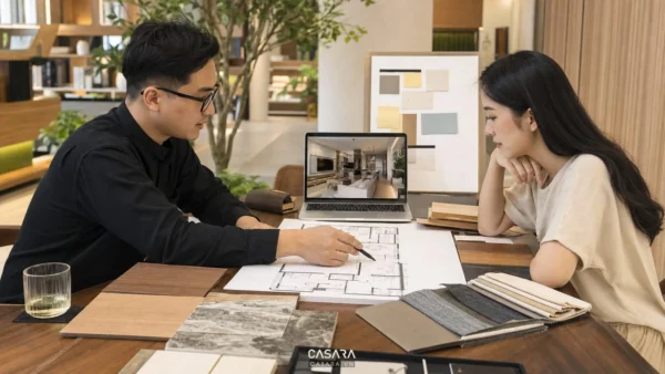Kiến trúc sư tư vấn bản vẽ căn hộ cho khách hàng bên bàn vật liệu