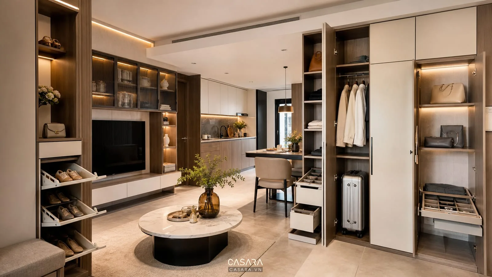 hệ tủ lưu trữ trong thiết kế nội thất chung cư với tủ giày tủ bếp kệ tivi và tủ áo