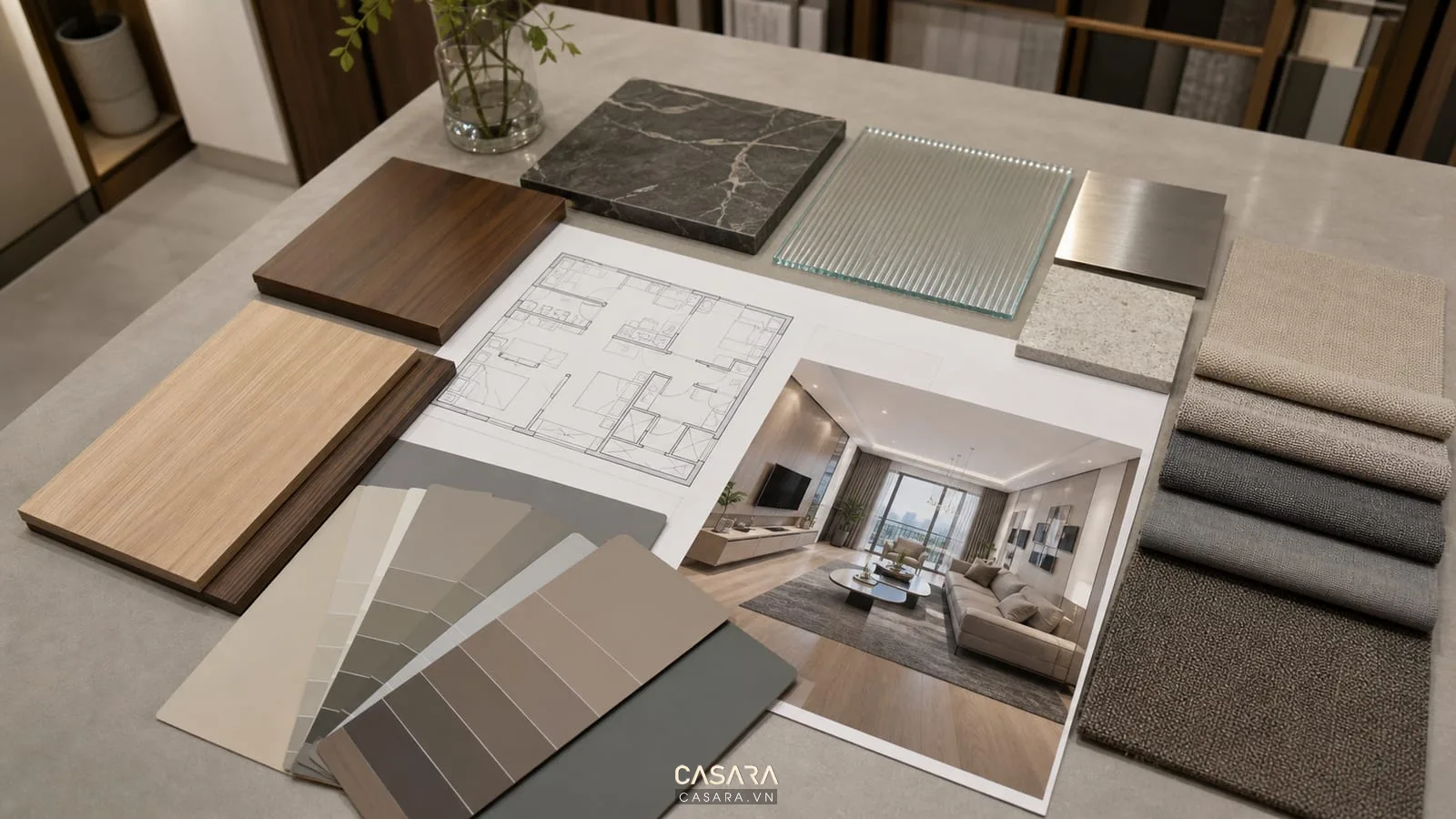 bảng vật liệu thiết kế nội thất chung cư gồm gỗ đá kính kim loại vải sofa và màu sơn