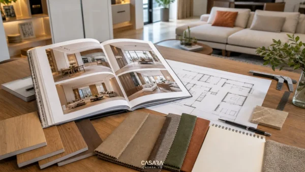 sách thiết kế chung cư mở cùng bản vẽ và mẫu vật liệu phòng khách căn hộ