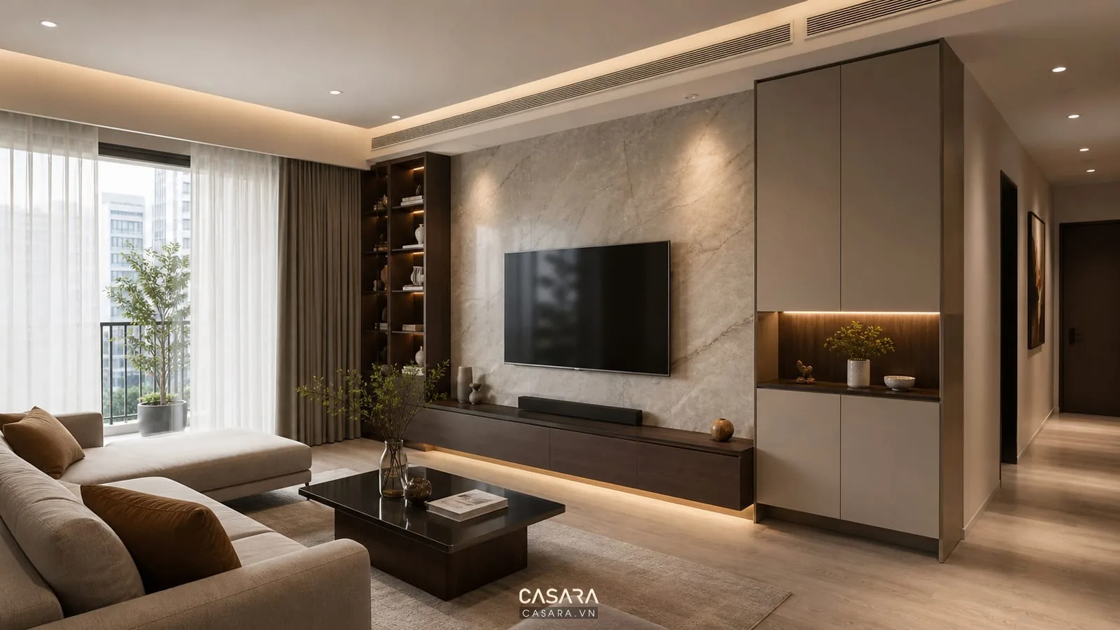 thiết kế chung cư luxury phòng khách với sofa và mảng đá tivi tinh gọn