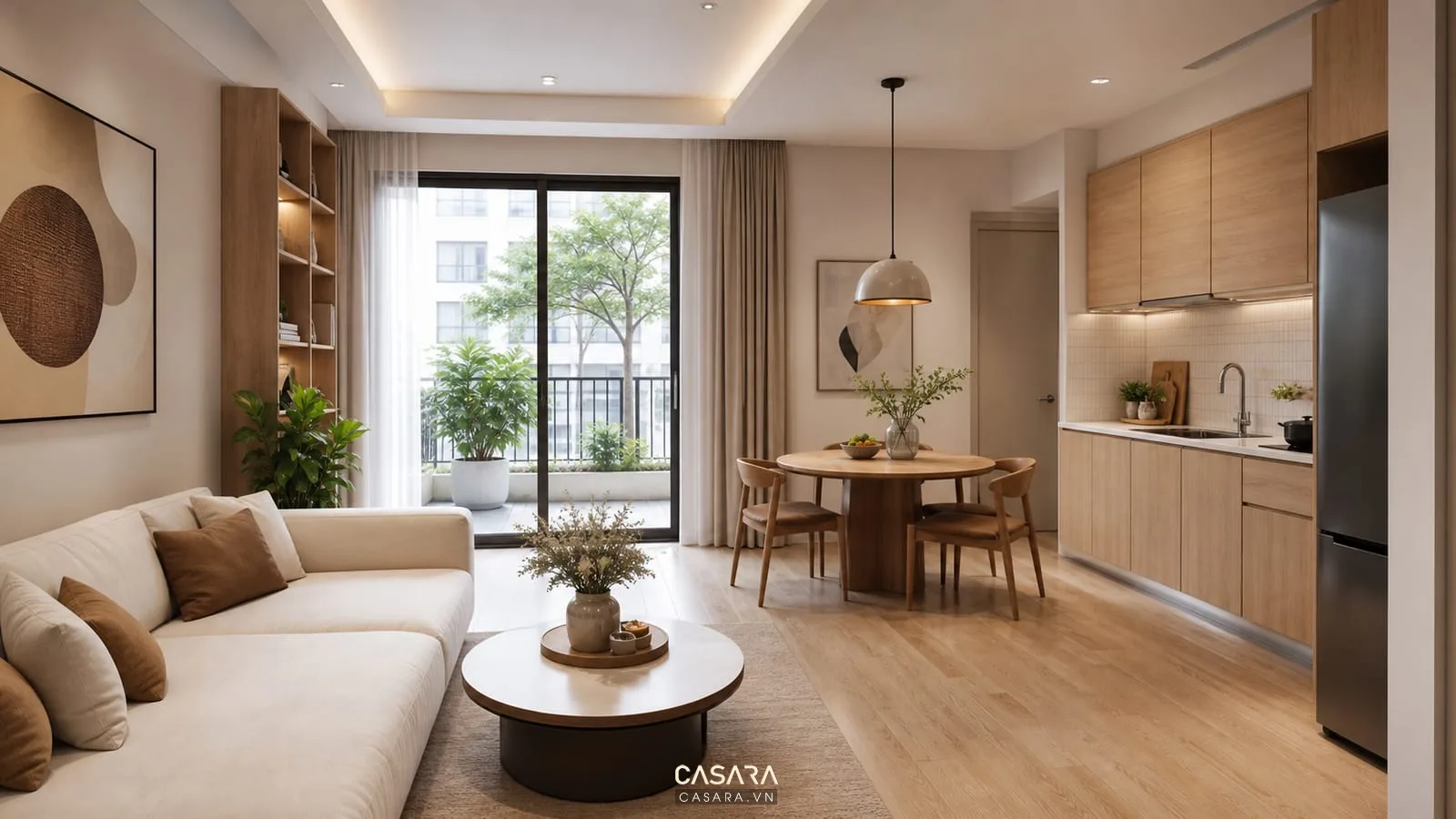 thiết kế chung cư 60m phòng khách bếp nhỏ với sofa và bàn ăn tròn