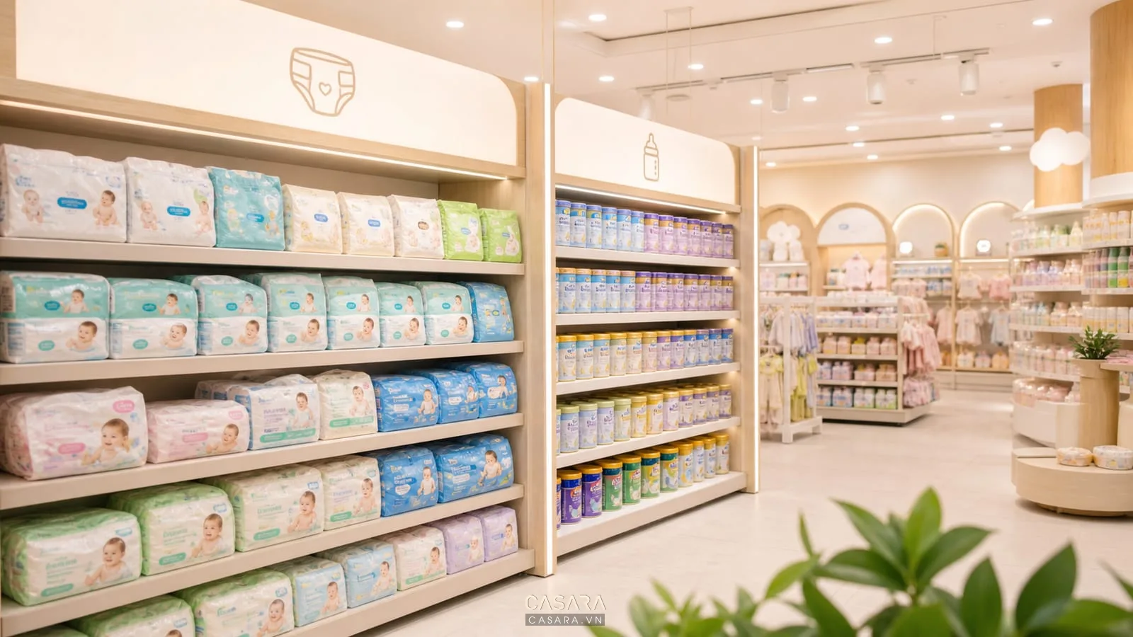 Kệ bỉm sữa cửa hàng mẹ và bé với biển phân khu rõ ràng
