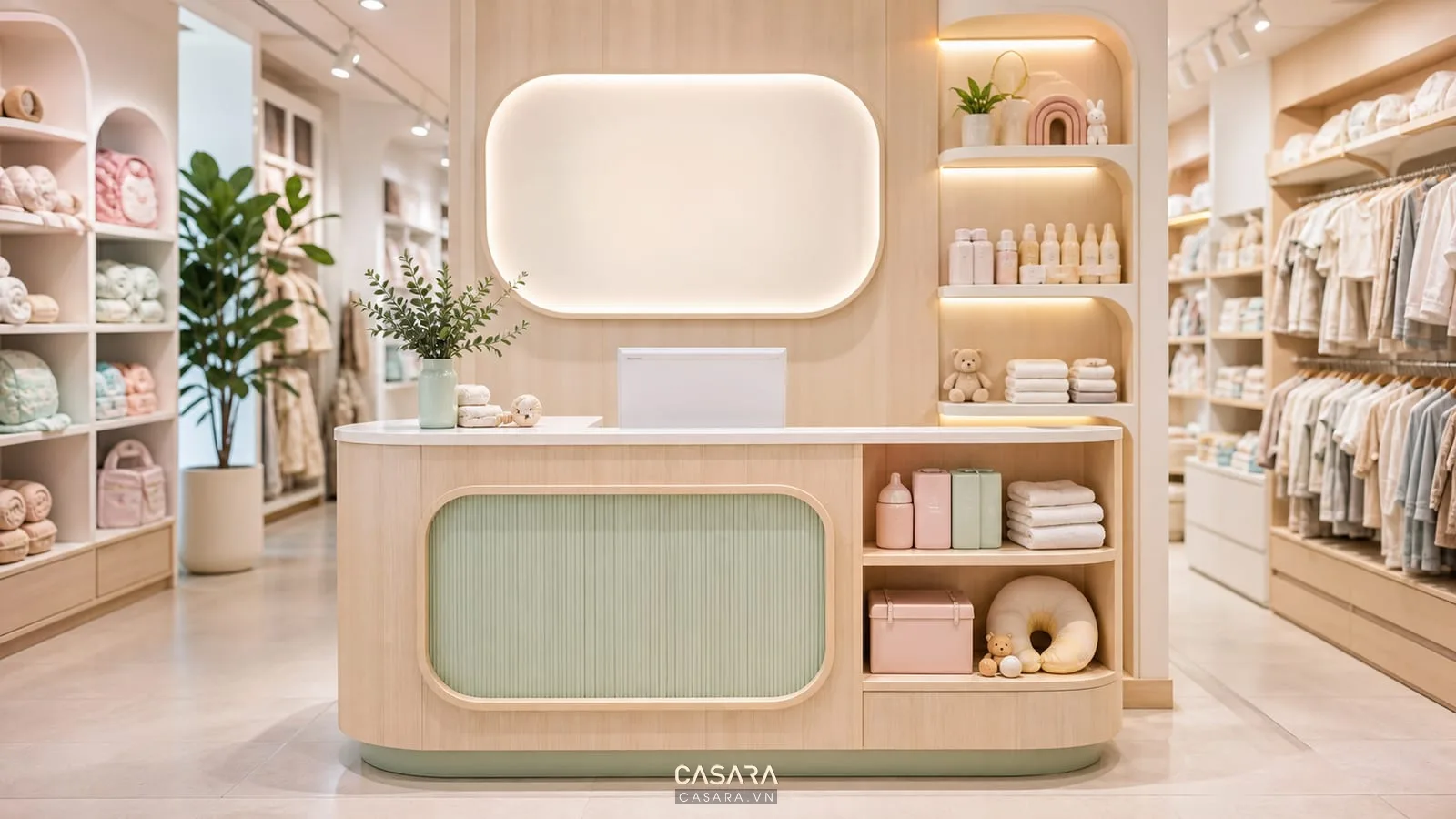 Quầy thu ngân cửa hàng mẹ và bé màu gỗ sáng pastel