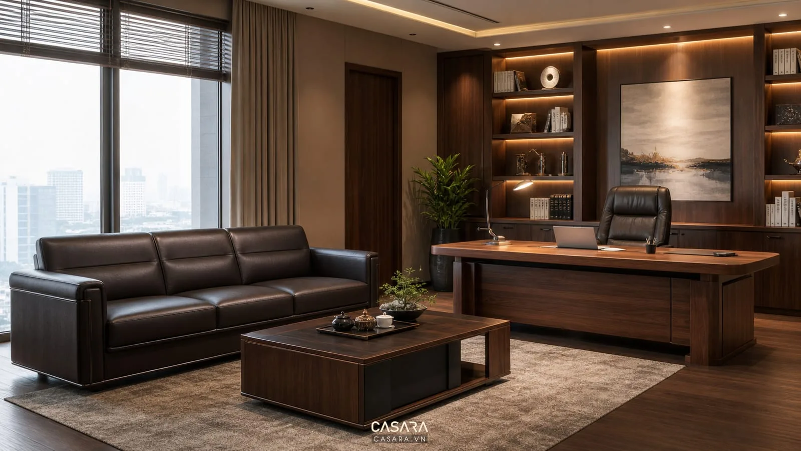 Sofa 3 chỗ trong phòng giám đốc với bàn trà bàn làm việc gỗ và tủ sách