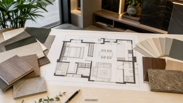 Bản vẽ mặt bằng căn hộ đặt trên bàn cùng mẫu vật liệu nội thất