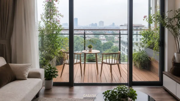Ban công chung cư Hà Nội hoàn thiện với sàn ngoài trời, bàn ghế nhỏ và cây xanh