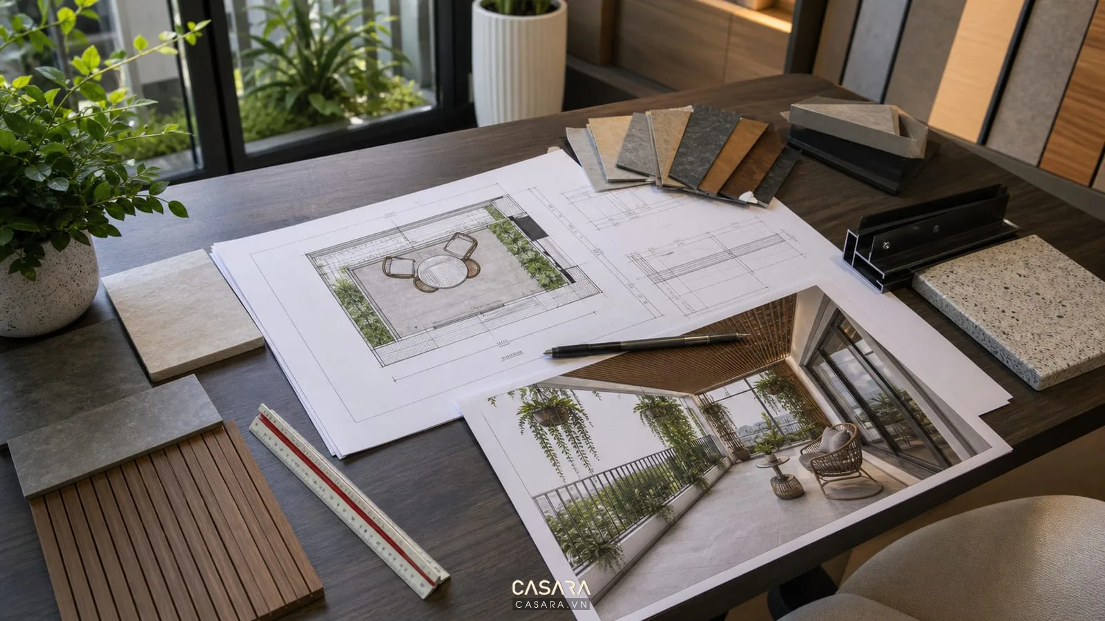 Bản vẽ thi công ban công chung cư với phối cảnh 3D và mẫu vật liệu ngoài trời