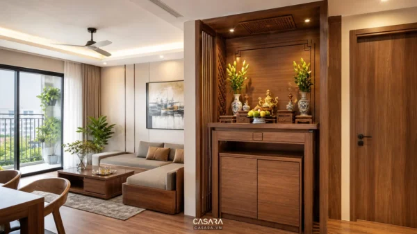 Bàn thờ gỗ trong phòng khách căn hộ với vách ốp và ánh sáng ấm