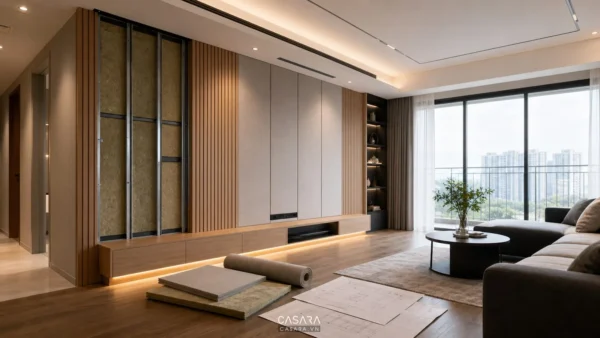 Phòng khách căn hộ đang thi công vách cách âm cạnh hệ tủ và lam gỗ