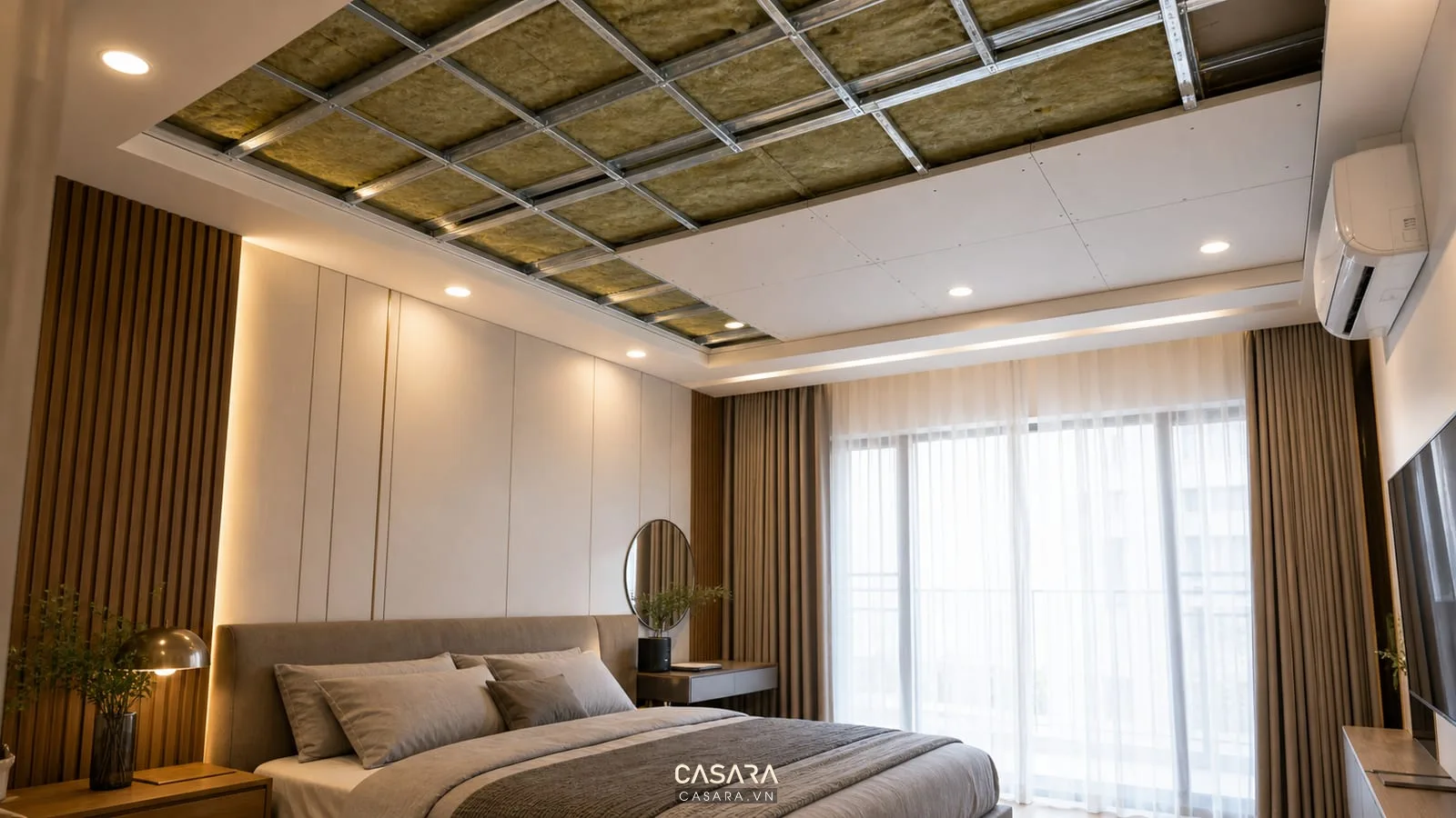 Thi công cách âm trần chung cư trong phòng ngủ với khung trần và vật liệu cách âm