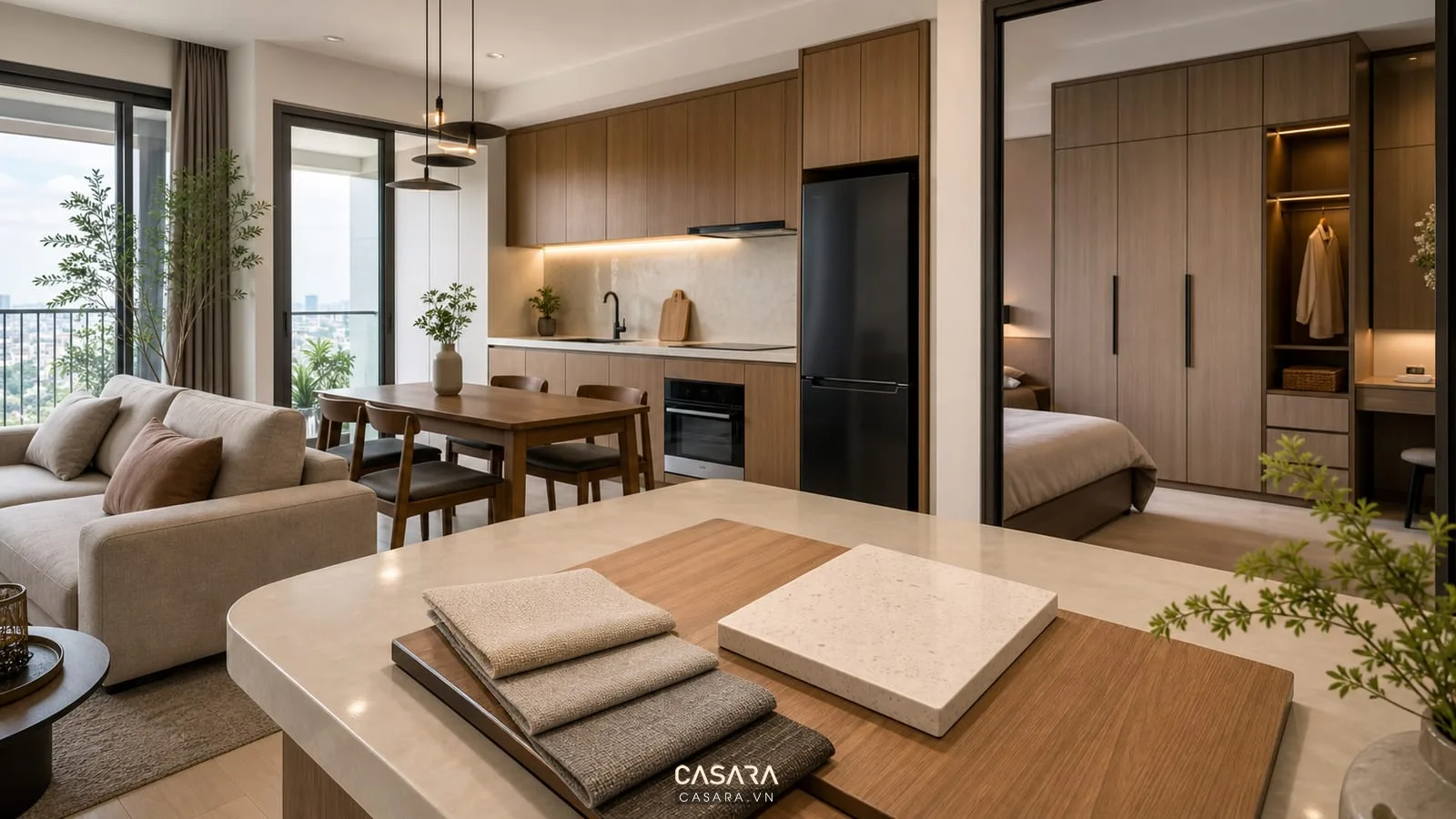 Căn hộ chung cư cải tạo với vật liệu gỗ công nghiệp, đá sáng và sofa trung tính
