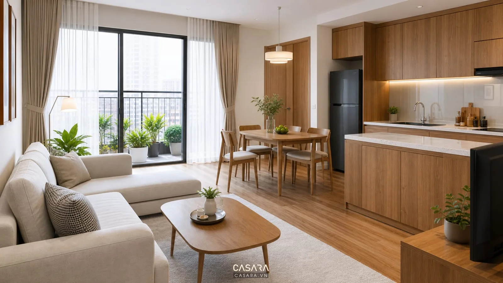 Thi công căn hộ chung cư với phòng khách liền bếp hiện đại và nội thất gỗ sáng màu