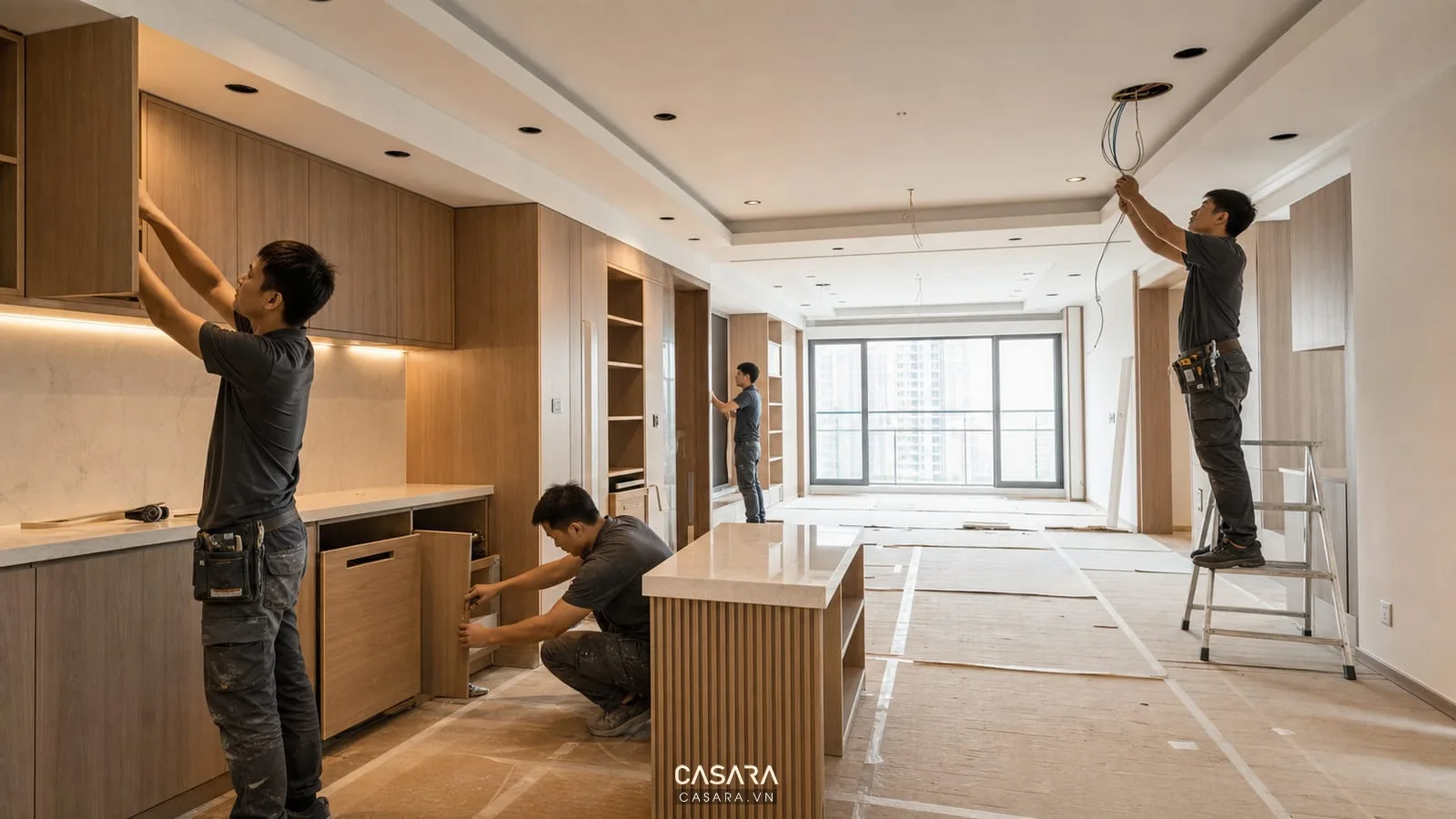 Quy trình thi công chung cư với thợ lắp nội thất gỗ trong căn hộ đang hoàn thiện