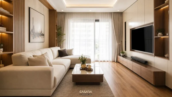 Phòng khách căn hộ với sofa sáng màu, kệ tivi gỗ và cửa kính lớn