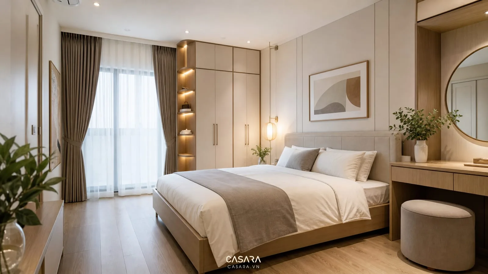 Phối cảnh phòng ngủ căn hộ chung cư với giường và tủ quần áo hiện đại