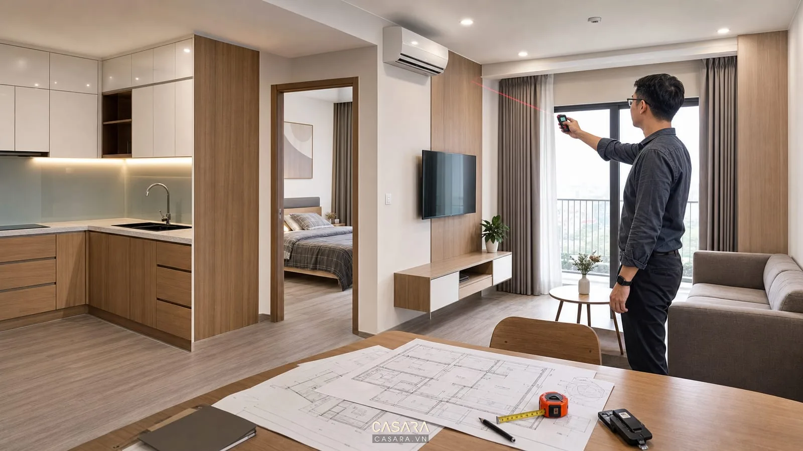 Kiến trúc sư đo đạc phòng ngủ hiện trạng trước khi tư vấn nội thất tại Hà Nội