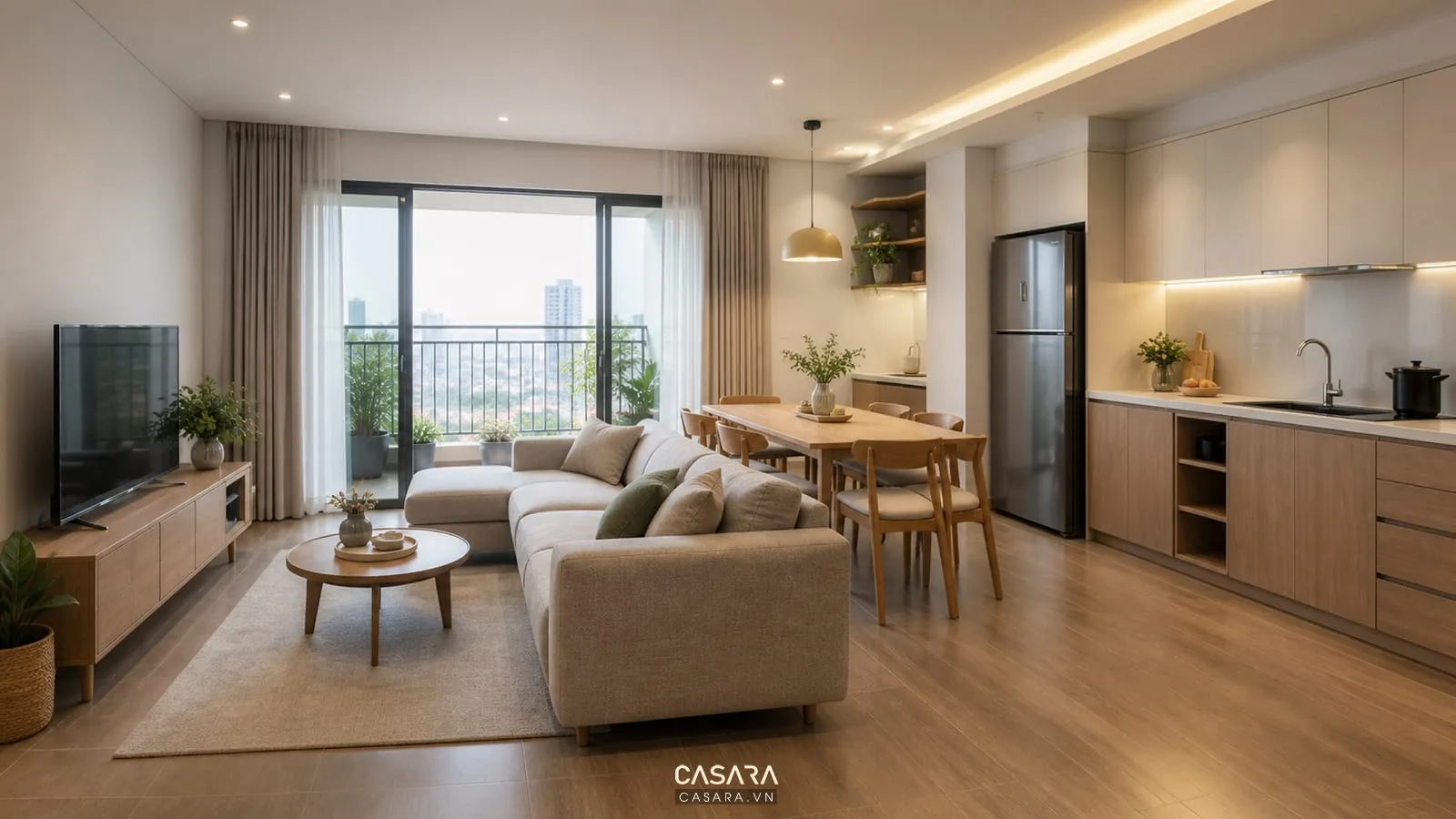 Thi công chung cư với phòng khách liền bếp hiện đại và ánh sáng tự nhiên