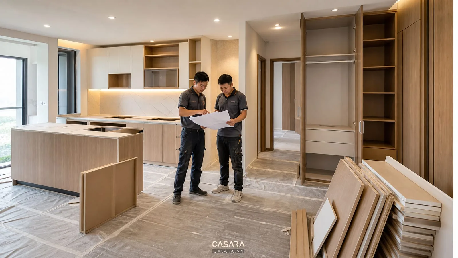 Thi công chung cư trong căn hộ với thợ lắp tủ bếp và kiểm tra bản vẽ