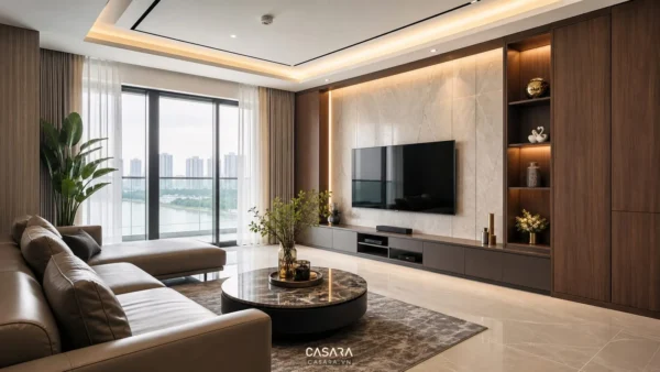 Phòng khách căn hộ hiện đại có sofa, bàn trà tròn và hệ tủ tivi ốp tường
