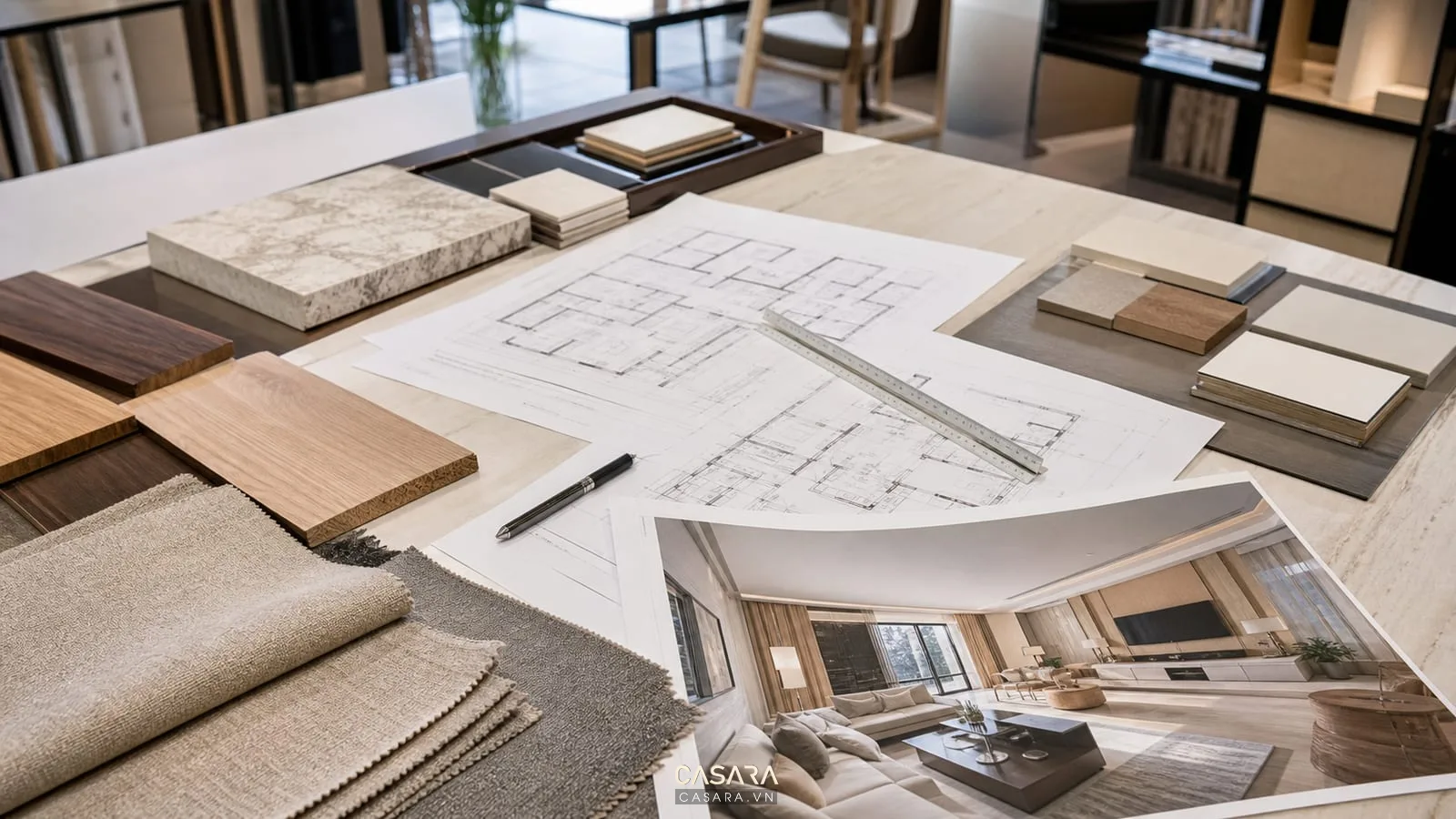 bản vẽ thi công chung cư với mẫu vật liệu gỗ đá vải sofa và phối cảnh căn hộ
