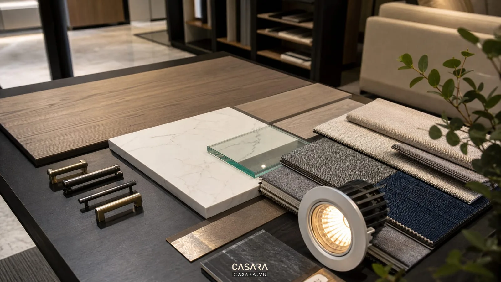 bảng vật liệu thi công chung cư cao cấp với gỗ veneer đá kính kim loại và vải sofa