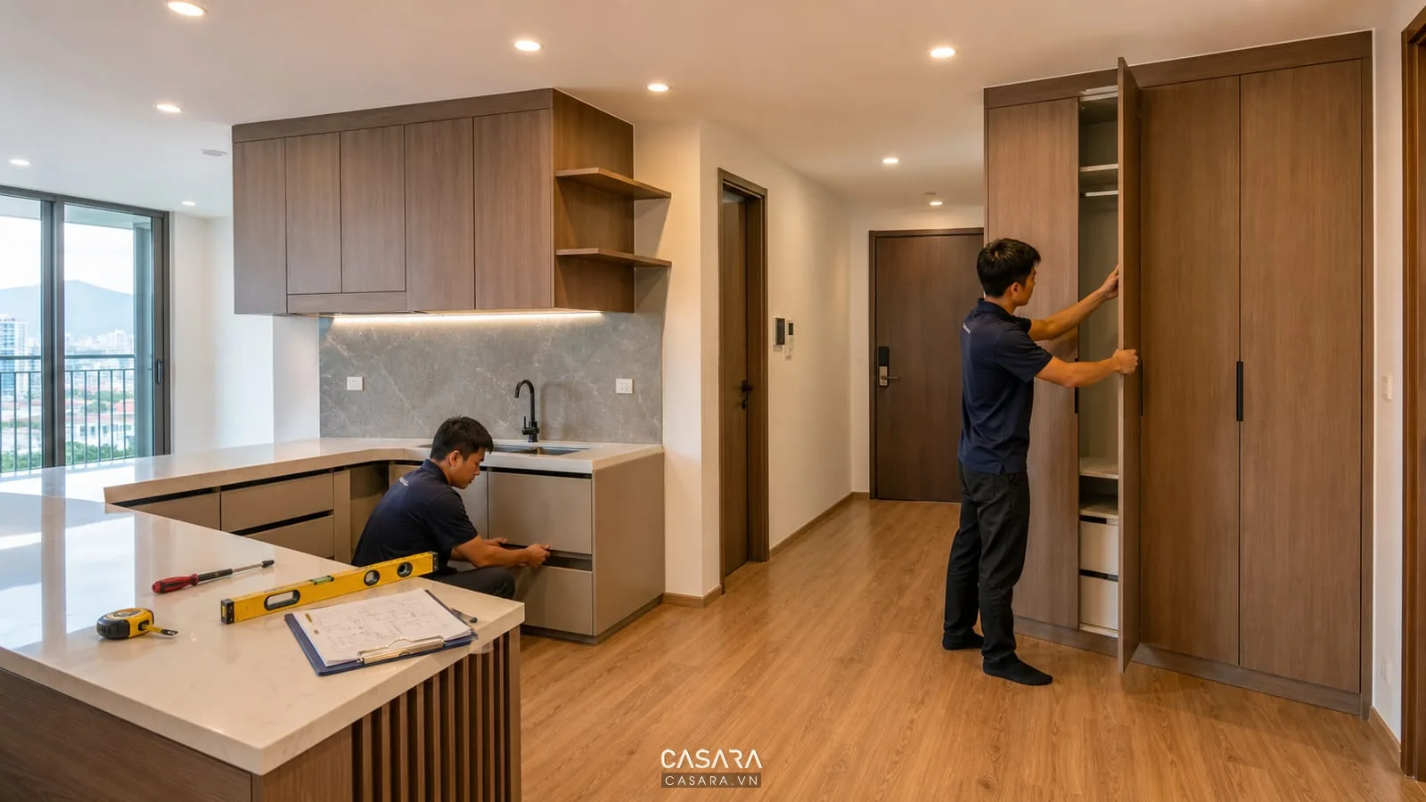 thi công nội thất chung cư Đà Nẵng với tủ bếp và tủ áo đang lắp đặt