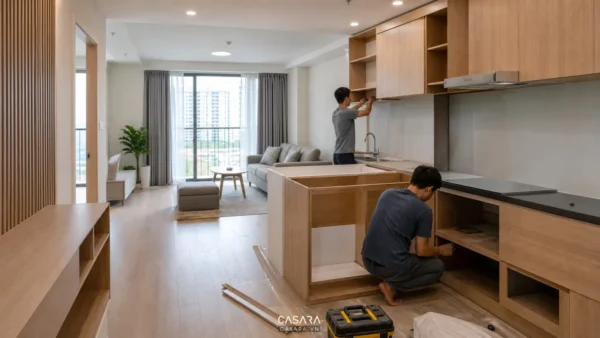 Thợ lắp đặt tủ bếp gỗ trong căn hộ chung cư đang hoàn thiện