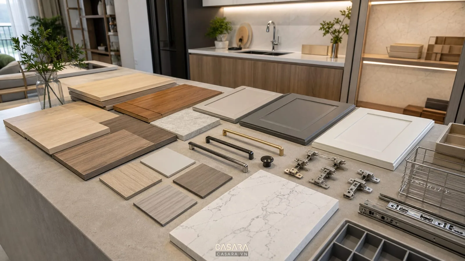 Mẫu vật liệu thi công nội thất chung cư với gỗ công nghiệp, đá bếp và phụ kiện tủ