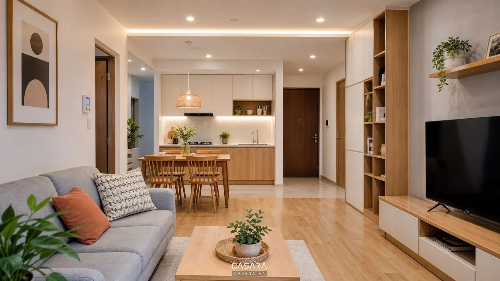 Nội thất chung cư hoàn thiện hiện đại với phòng khách bếp và tủ lưu trữ gọn gàng