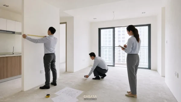 Nhóm kỹ thuật đo đạc và ghi chép trong căn hộ chung cư mới bàn giao