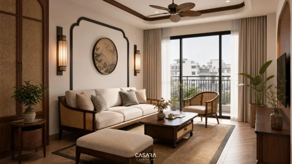 Phòng khách chung cư Indochine với sofa gỗ mây, rèm sáng và ban công lớn