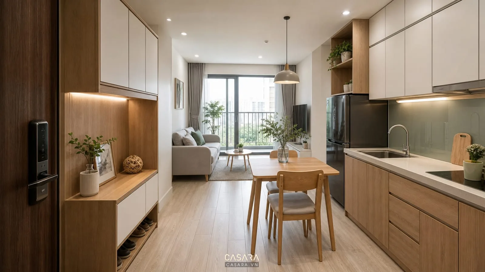Thi công chung cư mini với phòng khách liền bếp và nội thất gọn