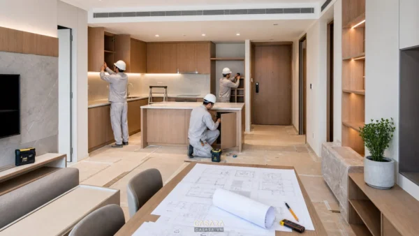 Thi công chung cư trọn gói với thợ lắp nội thất phòng khách bếp và bản vẽ kỹ thuật