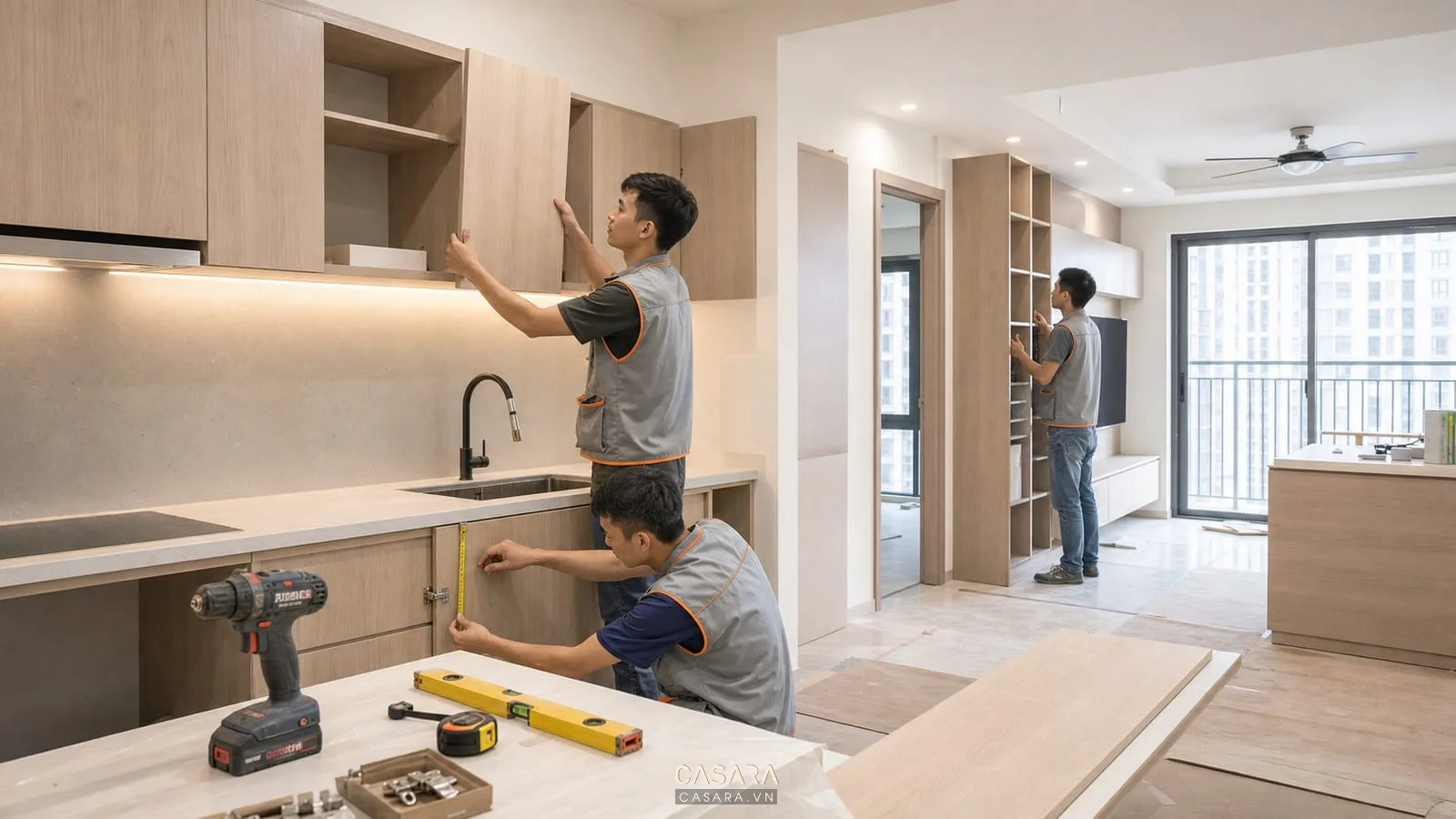 Đội thi công nội thất chung cư trọn gói đang lắp tủ bếp trong căn hộ tại TPHCM