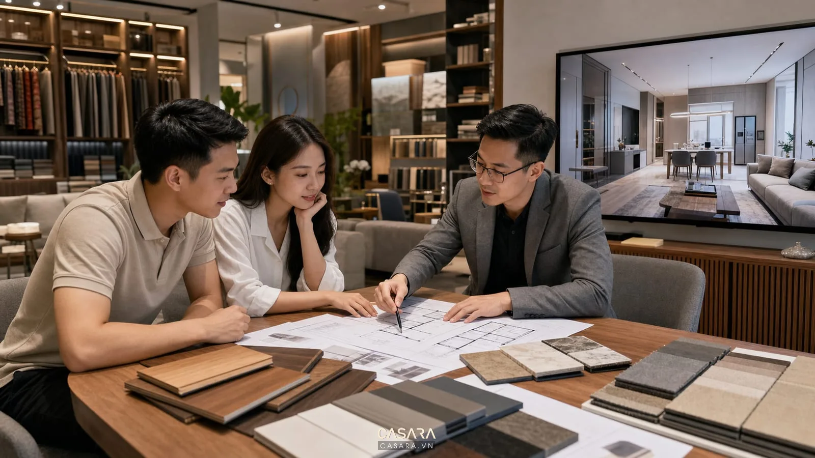 Gia chủ tư vấn thi công chung cư trọn gói tại showroom nội thất với mẫu gỗ và phối cảnh căn hộ