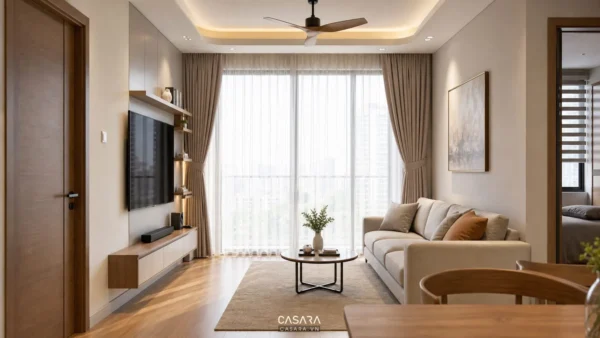 Phòng khách chung cư có rèm hai lớp bên cửa sổ lớn, sofa sáng màu và kệ tivi gỗ