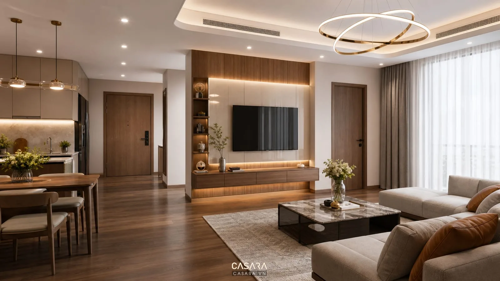 Căn hộ chung cư hoàn thiện đồng bộ cửa rèm và sàn gỗ