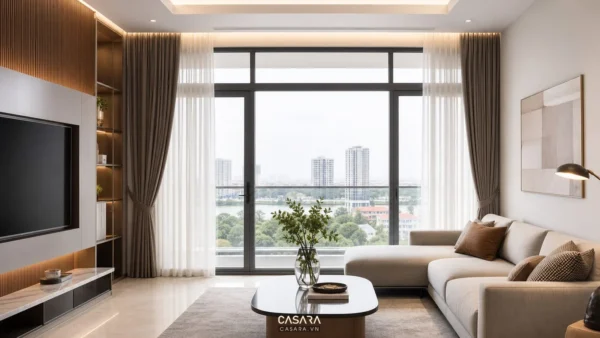 Phòng khách chung cư có cửa sổ kính lớn, rèm hai lớp, sofa và ánh sáng tự nhiên