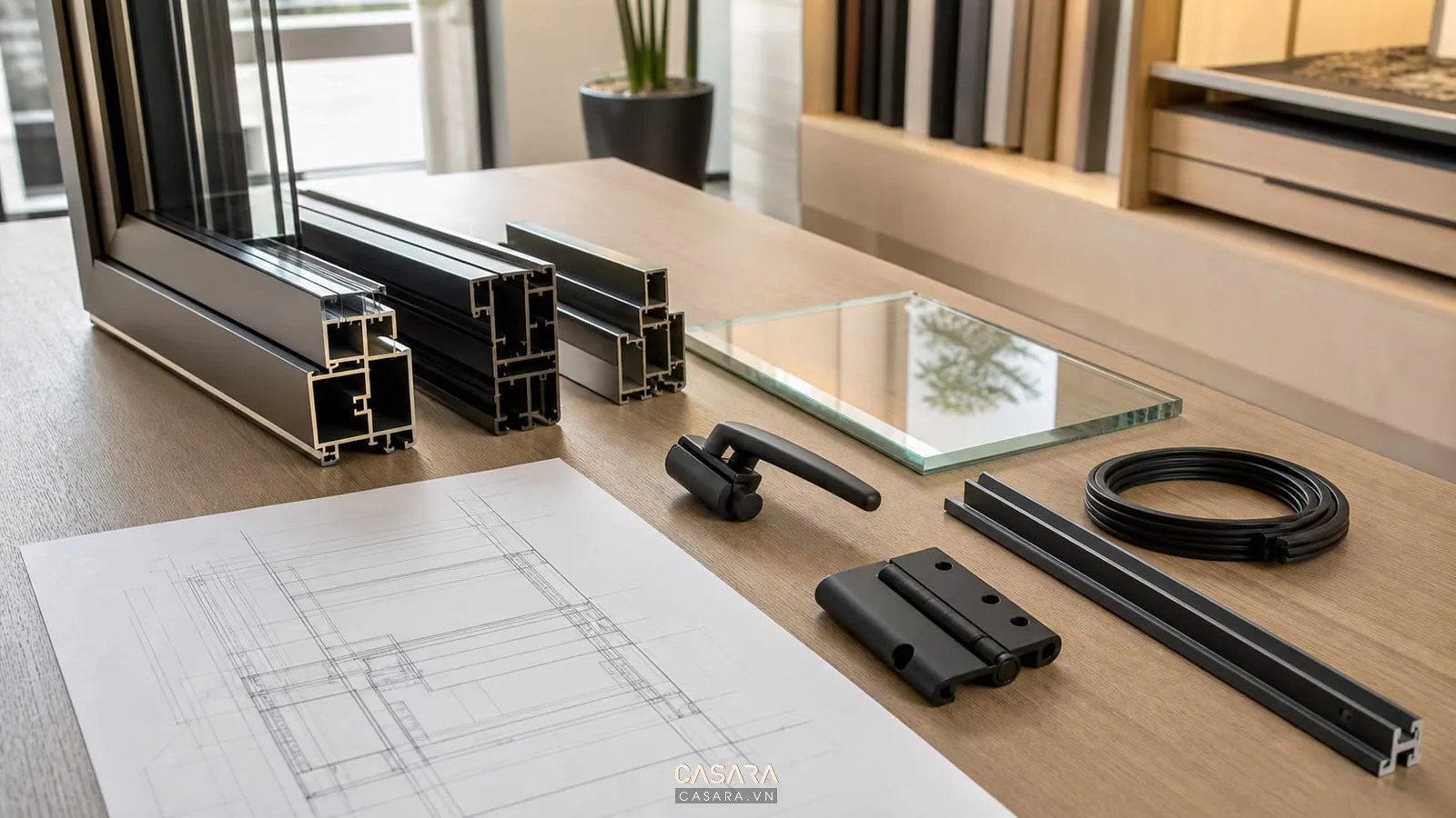 mẫu vật liệu thi công cửa sổ chung cư có khung nhôm kính tay nắm bản lề gioăng ray trượt và bản vẽ cửa sổ căn hộ