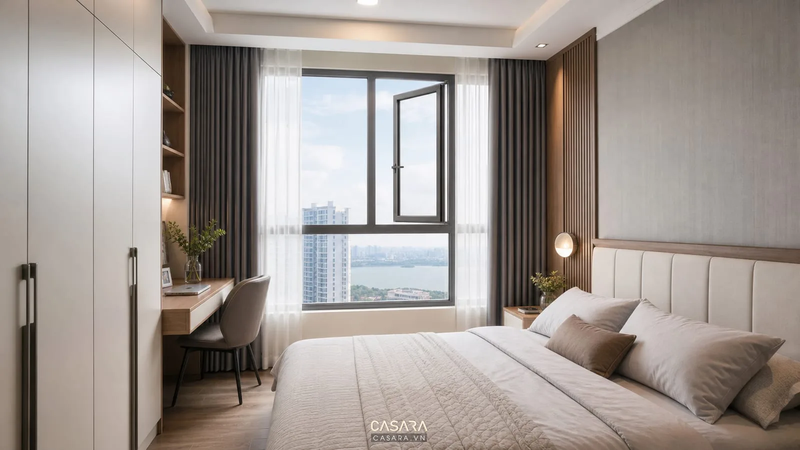 phòng ngủ chung cư có cửa sổ kính rèm cửa chung cư giường ngủ tủ áo kịch trần và bàn làm việc cạnh cửa sổ