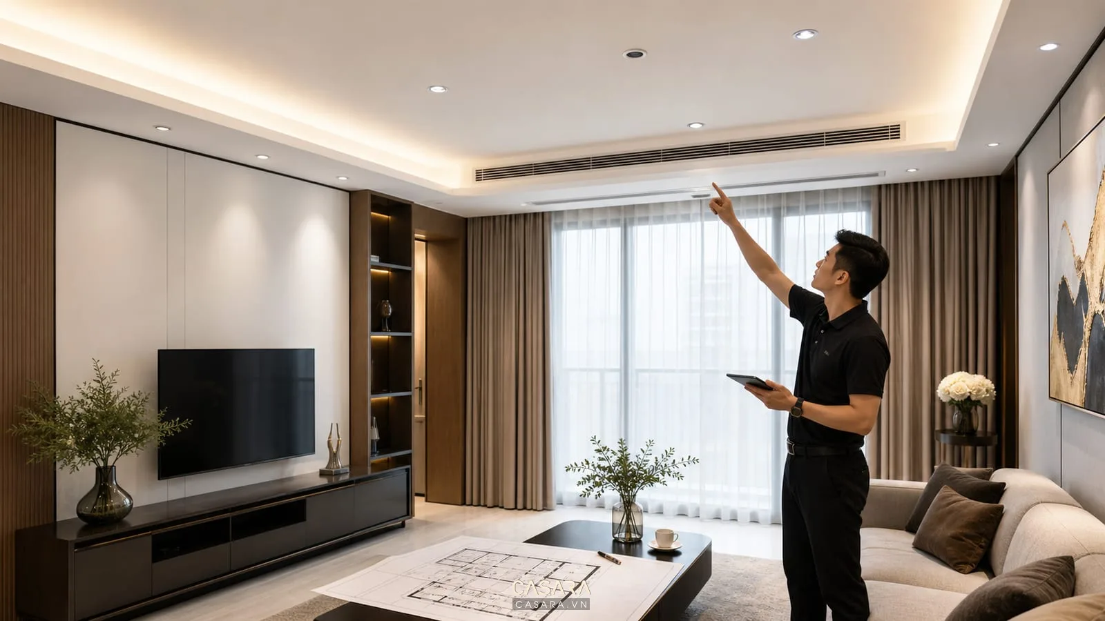 Thi công trần chung cư phối hợp đèn âm trần và khe đèn hắt phòng khách