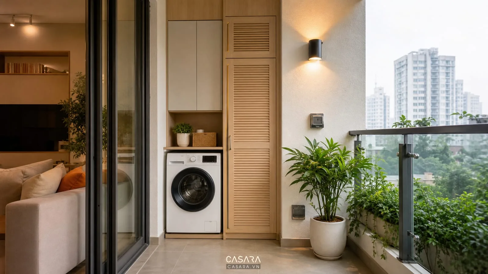 thi công ban công chung cư có máy giặt đèn và ổ cắm gọn gàng