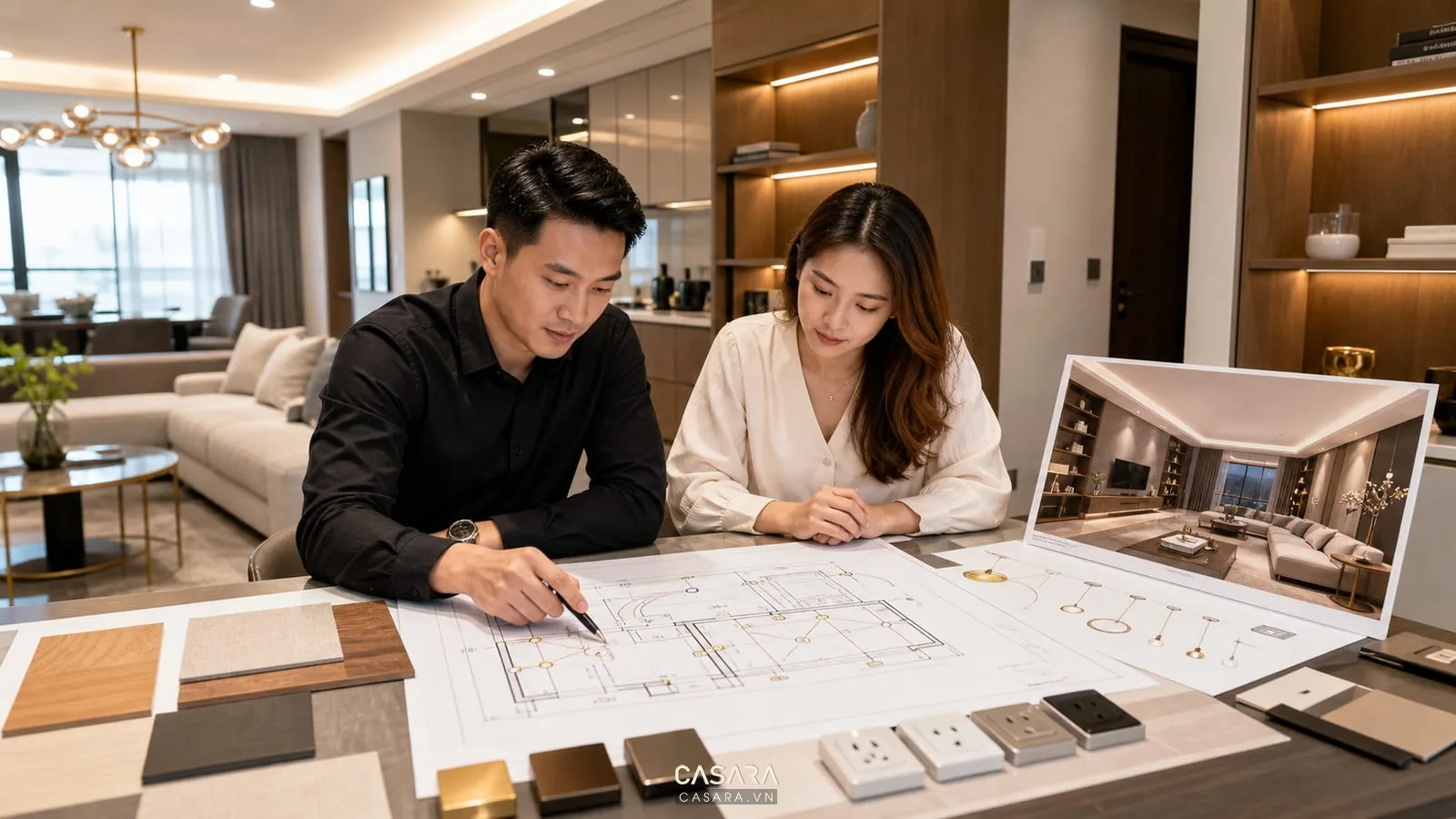 tư vấn thi công điện chung cư với bản vẽ đèn ổ cắm và nội thất