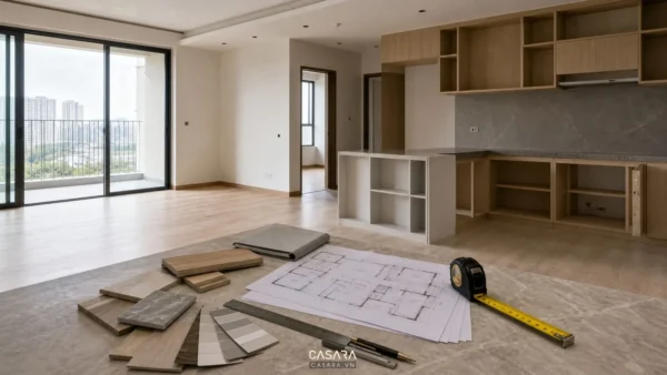 Phòng khách bếp căn hộ đang hoàn thiện với bản vẽ, mẫu vật liệu và thước đo