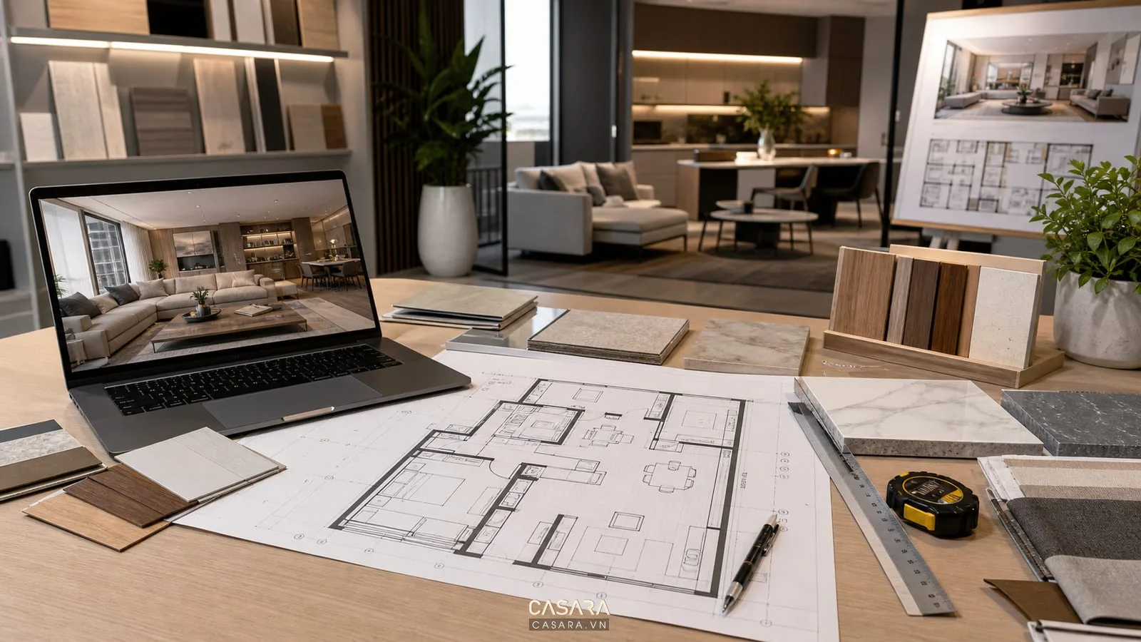 Bản vẽ thi công chung cư với mặt bằng căn hộ, phối cảnh phòng khách bếp, mẫu gỗ và mẫu đá